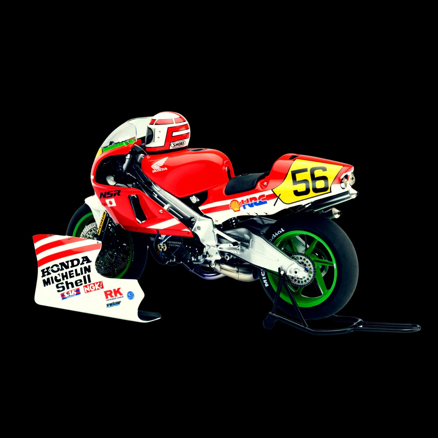 Honda NSR500 WGP500 Motorcycle #56 Red and White with Helmet "Baribari Legend" (1986) OVA 1/12 Model by Autoart