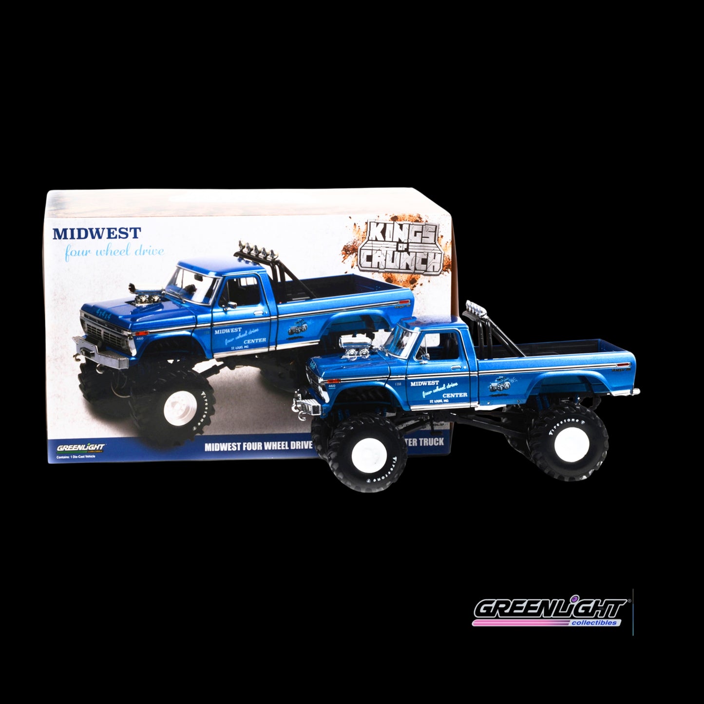 1974 Ford F-250 Ranger XLT Monster Truck with 48-Inch Tires Blue Metallic "Midwest Four Wheel Drive Center" "Kings of Crunch" Series 1/18 Diecast Model Car by Greenlight