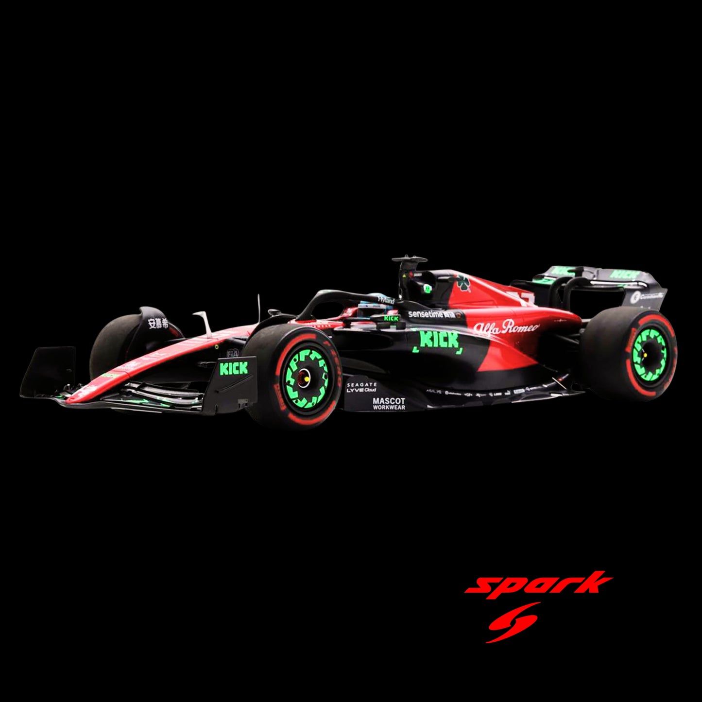 Alfa Romeo C43 #77 Valtteri Bottas "F1 Team KICK" "Belgian GP" (2023) and Acrylic Display Case Model Car by Spark