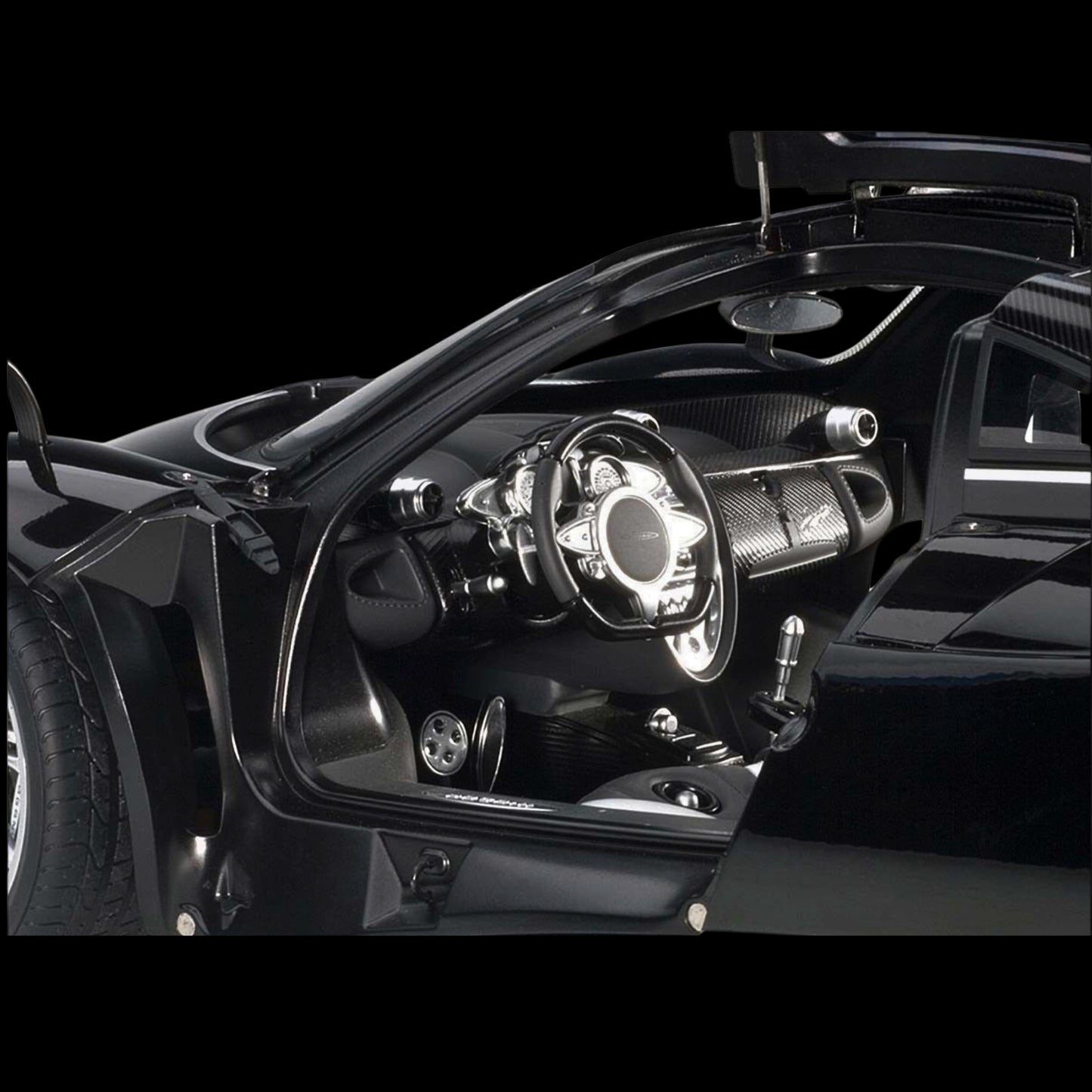 Pagani Huayra Gloss Black with Silver Stripes and Silver Wheels 1/12 Model Car by Autoart