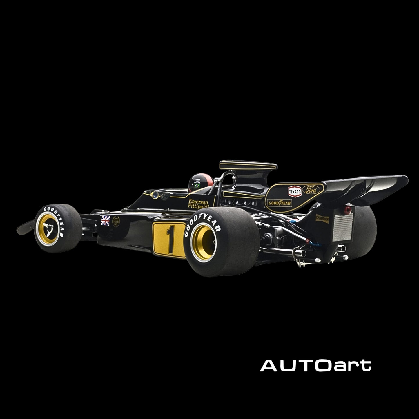 Lotus 72E 1973 Emerson Fittipaldi #1 with Driver Figure in Cockpit 1/18 Model Car by Autoart - 1