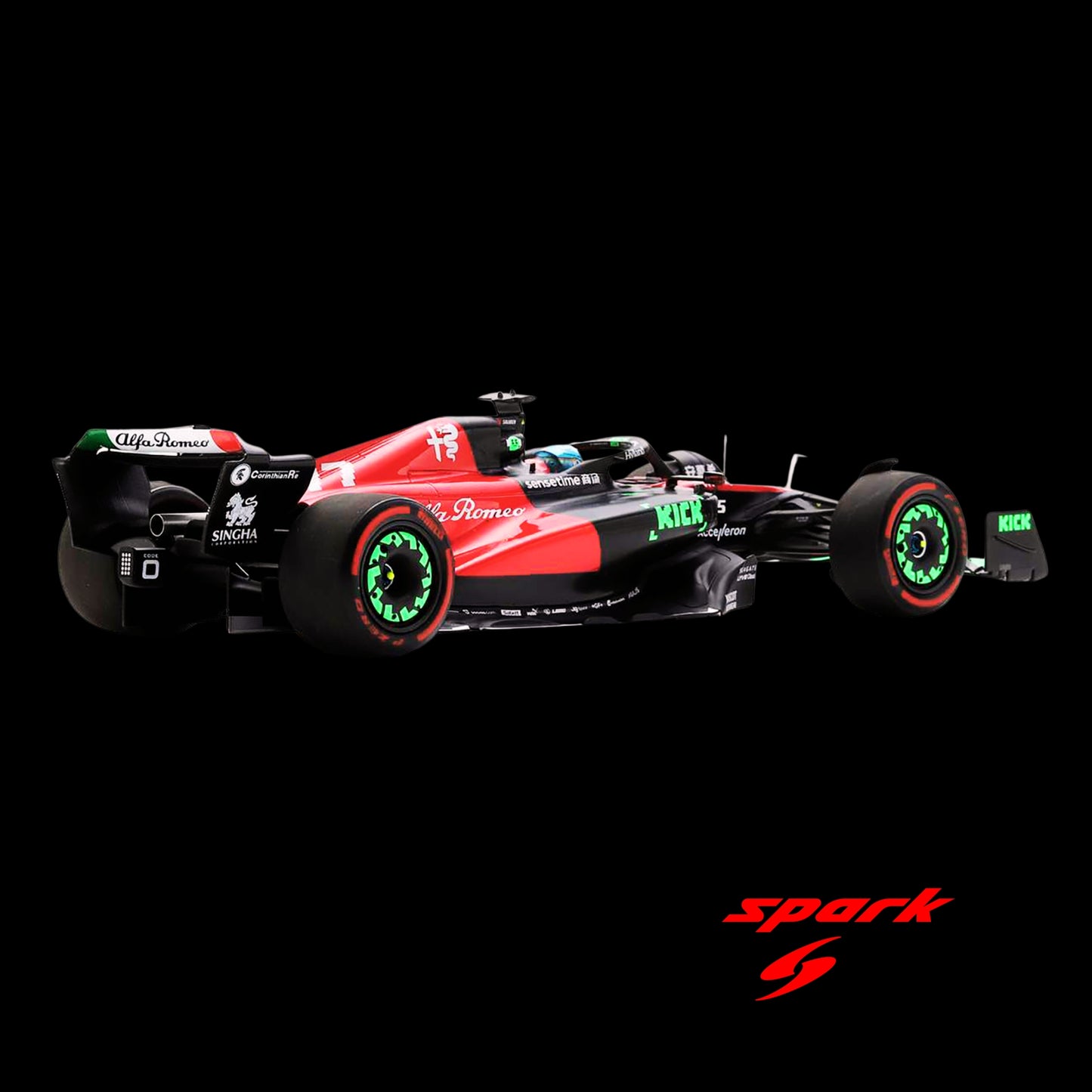 Alfa Romeo C43 #77 Valtteri Bottas "F1 Team KICK" "Belgian GP" (2023) and Acrylic Display Case Model Car by Spark