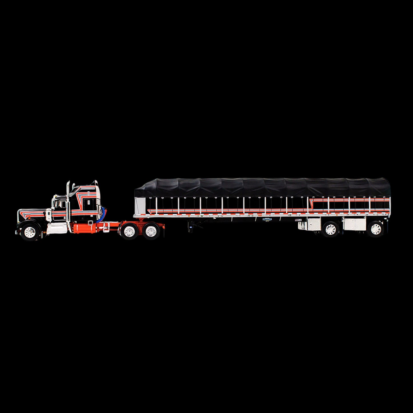 Kenworth W900A with 60" Aerodyne Sleeper and 53’ Wilson Roadbrute Flatbed Trailer with Covered Wagon Black with Red Stripes 1/64 Diecast Model by DCP/First Gear