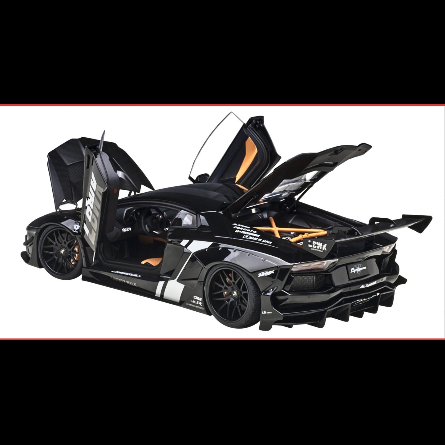 Lamborghini Aventador Liberty Walk LB-Works Livery Black with Carbon Hood Limited Edition 1/18 Model Car by Autoart