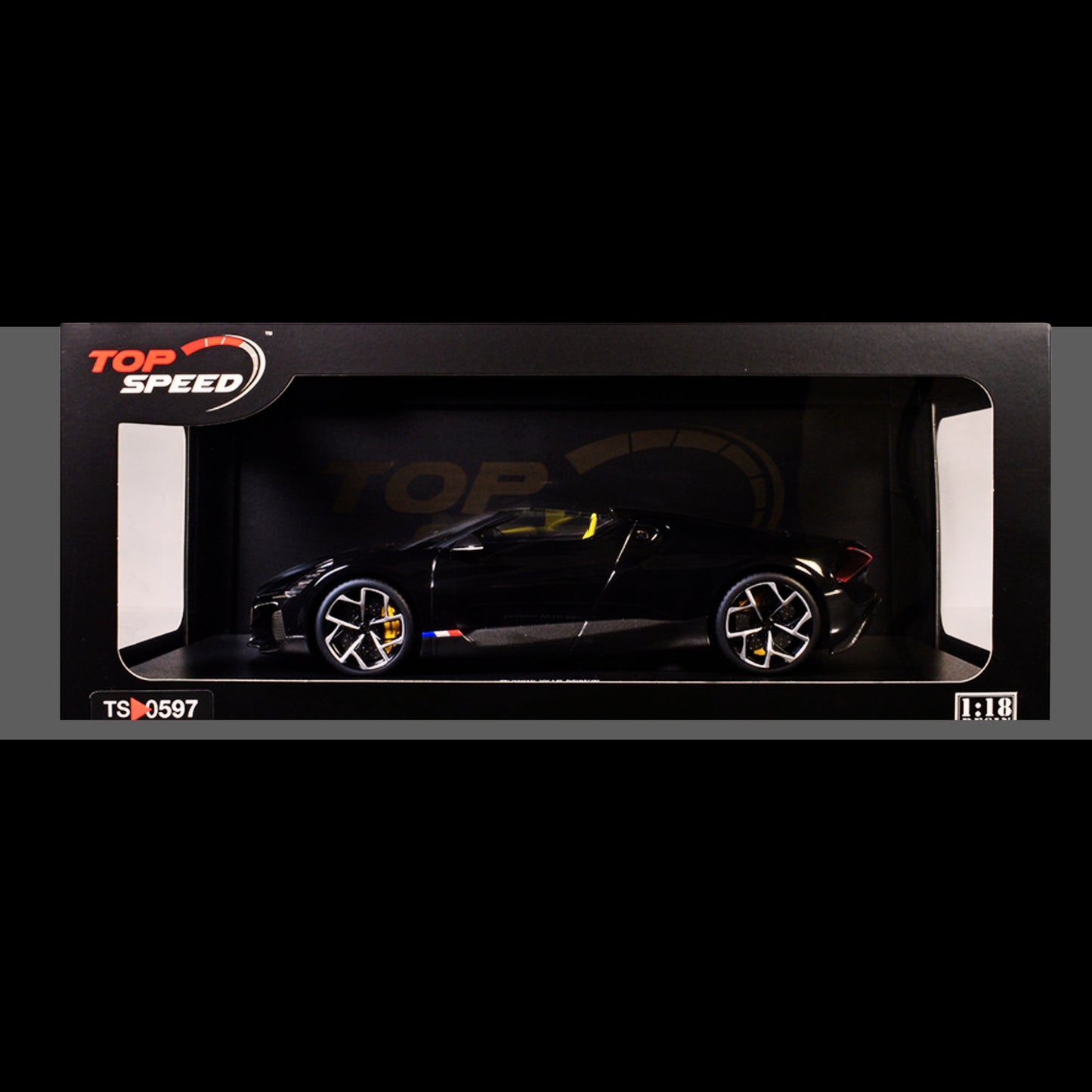 Bugatti W16 Mistral Black with Yellow Interior 1/18 Model Car by Top Speed