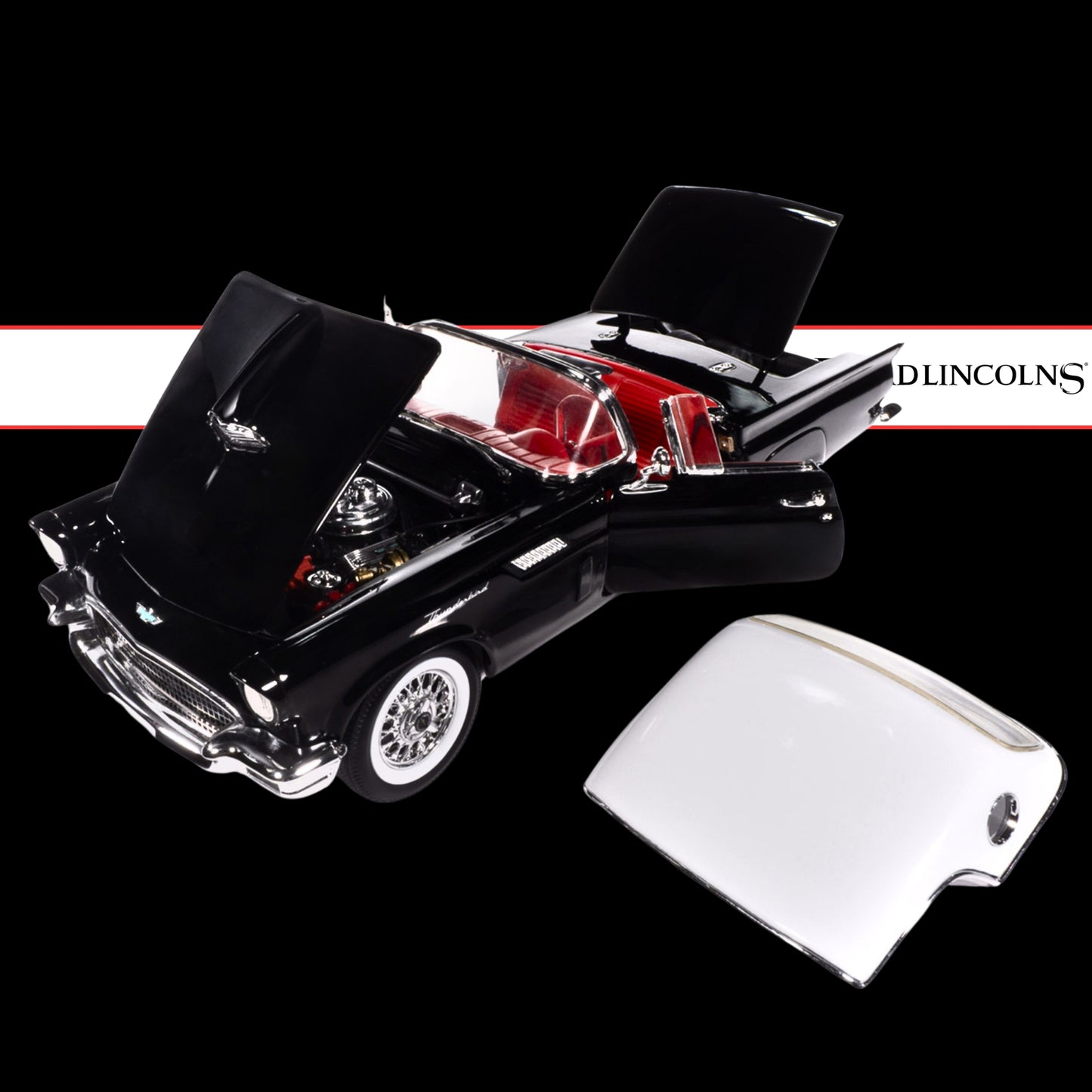Auto World 1957 Ford Thunderbird Black w/ White Top & Red Interior 1/18 Diecast Model Car (American Muscle)