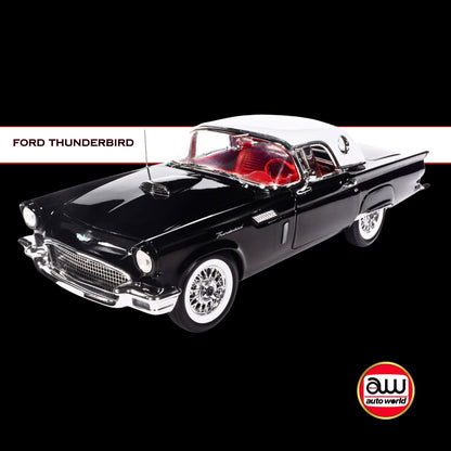Auto World 1957 Ford Thunderbird Black w/ White Top & Red Interior 1/18 Diecast Model Car (American Muscle)