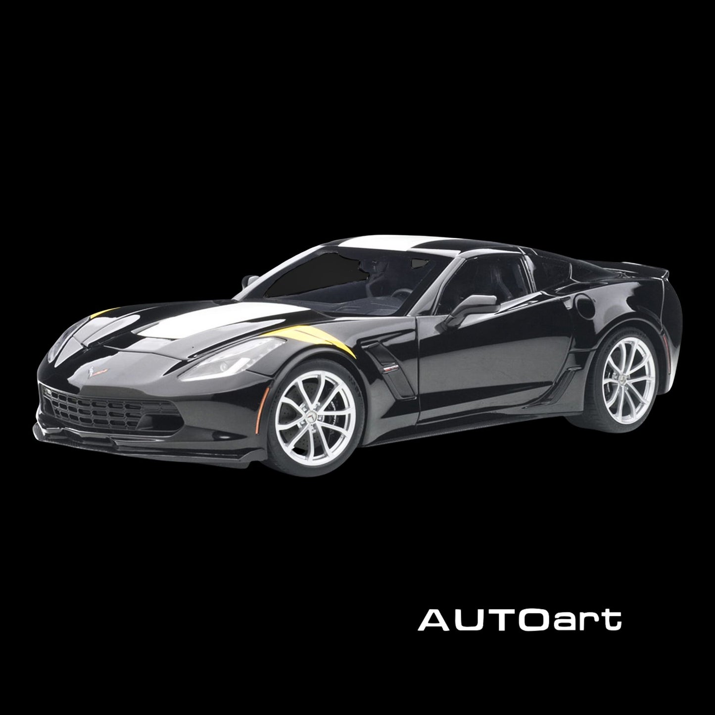 2017 Chevrolet Corvette C7 Grand Sport Black with White Stripe and Yellow Fender Hash Marks 1/18 Model Car by Autoart
