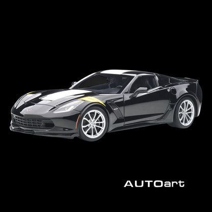 2017 Chevrolet Corvette C7 Grand Sport Black with White Stripe and Yellow Fender Hash Marks 1/18 Model Car by Autoart