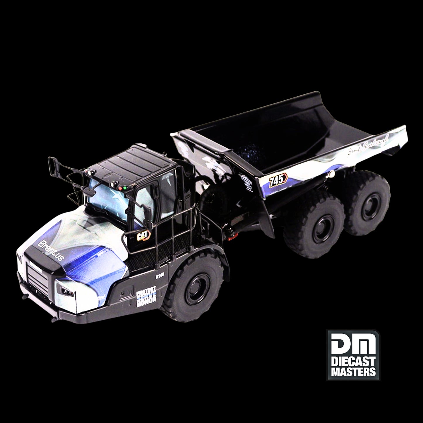Diecast Masters CAT 745 Articulated Dump Truck “Back the Blue” Brent Scarbrough & Co. Black 1/50 Diecast Model (High Line Series)