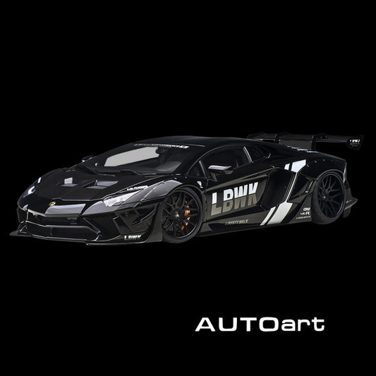 Lamborghini Aventador Liberty Walk LB-Works Livery Black with Carbon Hood Limited Edition 1/18 Model Car by Autoart