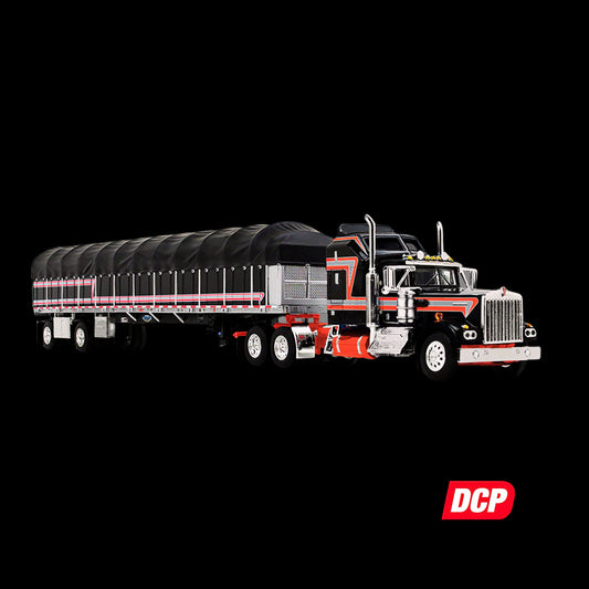 Kenworth W900A with 60" Aerodyne Sleeper and 53’ Wilson Roadbrute Flatbed Trailer with Covered Wagon Black with Red Stripes 1/64 Diecast Model by DCP/First Gear