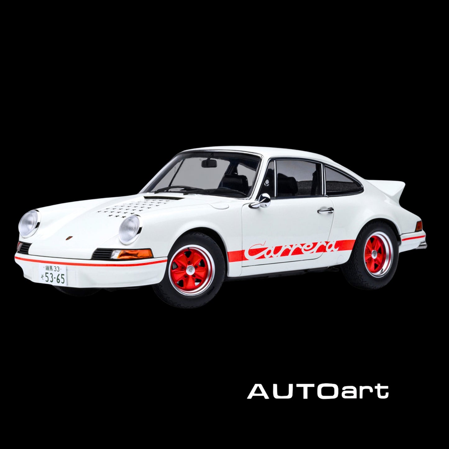 Porsche 911 Carrera 2.7 RS "The Circuit Wolf" White with Red Stripes and Wheels with Hood Graphics 1/18 Model Car by Autoart