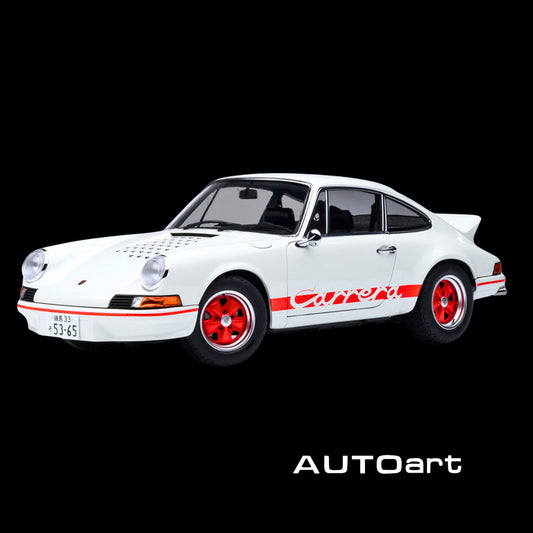 Porsche 911 Carrera 2.7 RS "The Circuit Wolf" White with Red Stripes and Wheels with Hood Graphics 1/18 Model Car by Autoart