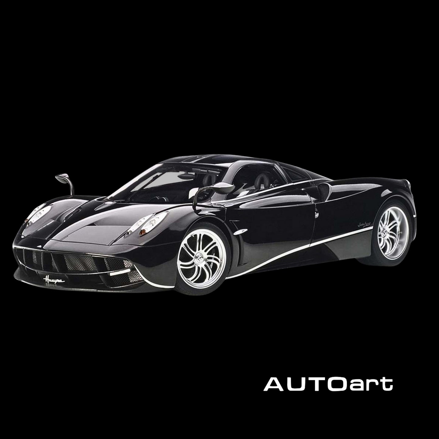 Pagani Huayra Gloss Black with Silver Stripes and Silver Wheels 1/12 Model Car by Autoart