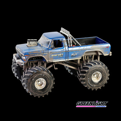 1974 Ford F-250 Monster Truck with 66-Inch Tires Blue "Bigfoot #1" (Dirty Version) "Kings of Crunch" Series 1/18 Diecast Model Car by Greenlight