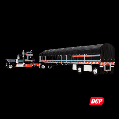 Kenworth W900A with 60" Aerodyne Sleeper and 53’ Wilson Roadbrute Flatbed Trailer with Covered Wagon Black with Red Stripes 1/64 Diecast Model by DCP/First Gear