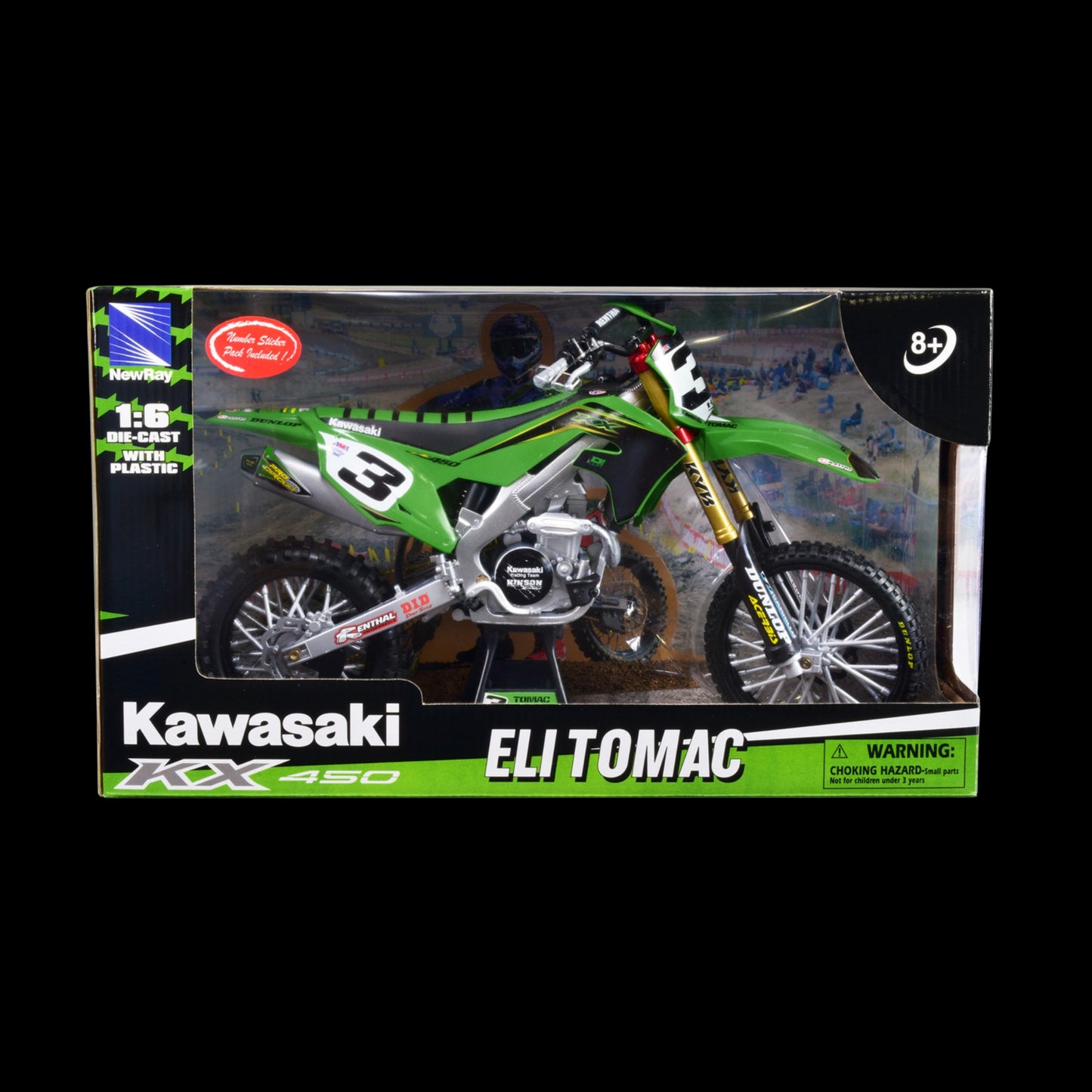 New Ray Kawasaki KX 450F Dirt Bike #3 Eli Tomac “Kawasaki Racing Team” 1/6 Diecast Motorcycle Model (Green/Black)