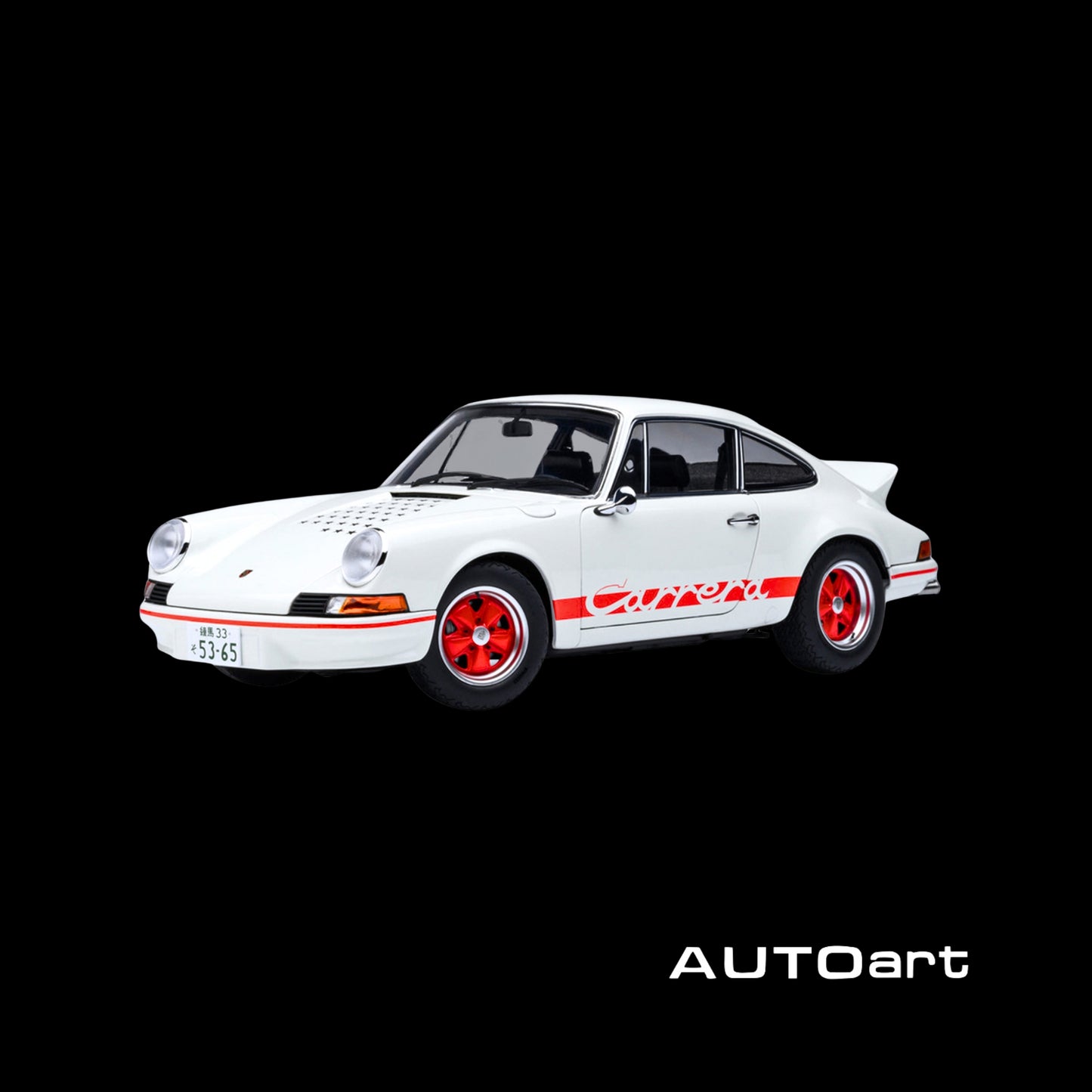 Porsche 911 Carrera 2.7 RS "The Circuit Wolf" White with Red Stripes and Wheels with Hood Graphics 1/18 Model Car by Autoart