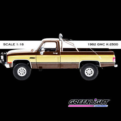 1982 GMC K-2500 Sierra Grande Pickup Truck Brown with Gold Sides "Fall Guy Stuntman Association" "The Fall Guy" (1981-1986) TV Series 1/18 Diecast Model Car by Greenlight
