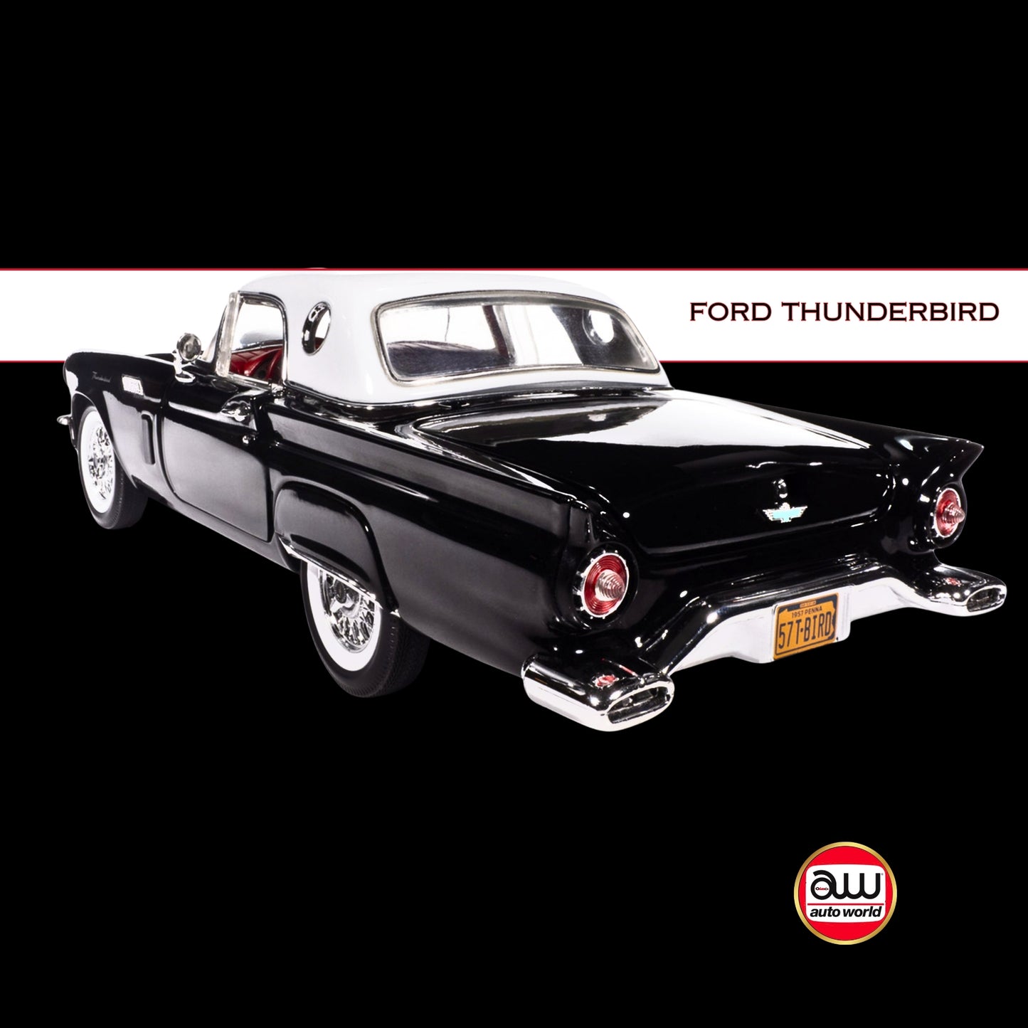 Auto World 1957 Ford Thunderbird Black w/ White Top & Red Interior 1/18 Diecast Model Car (American Muscle)