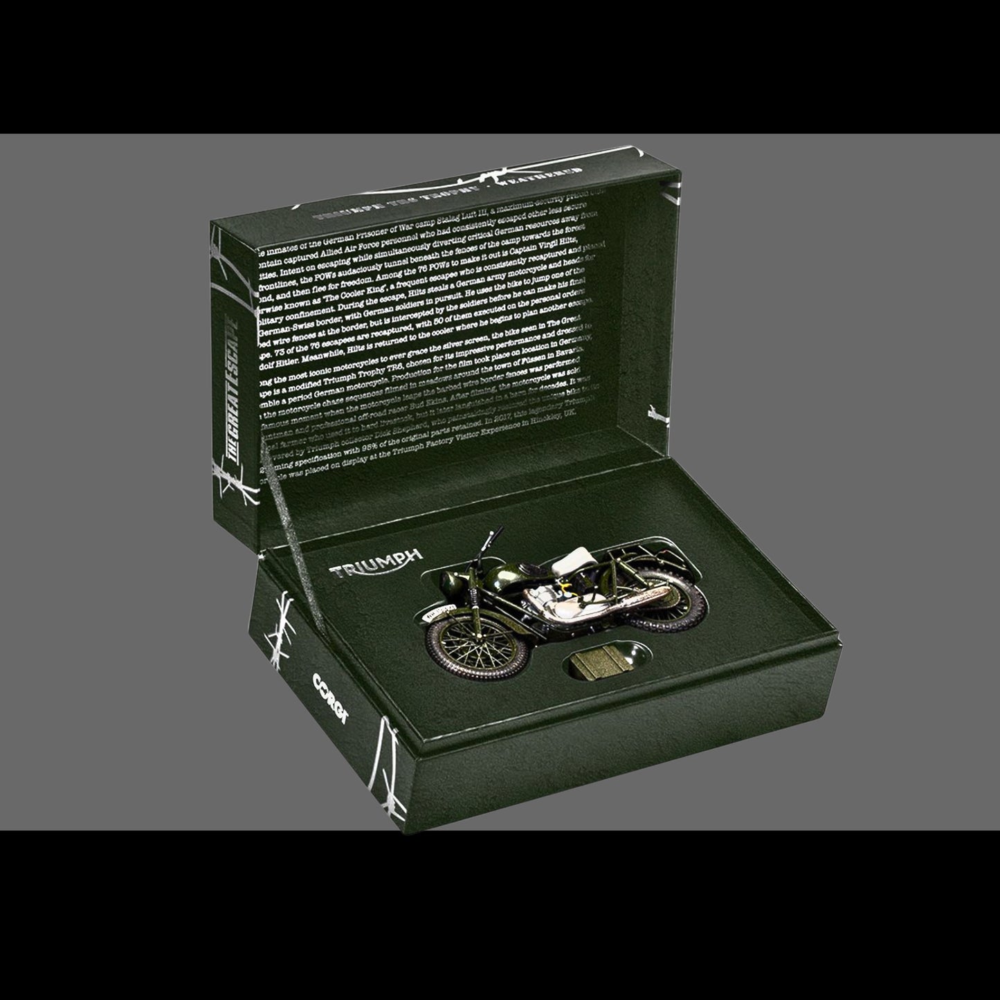 Triumph TR6 Trophy Motorcycle Dark Green (Weathered) "The Great Escape" (1963) Movie Diecast Model by Corgi