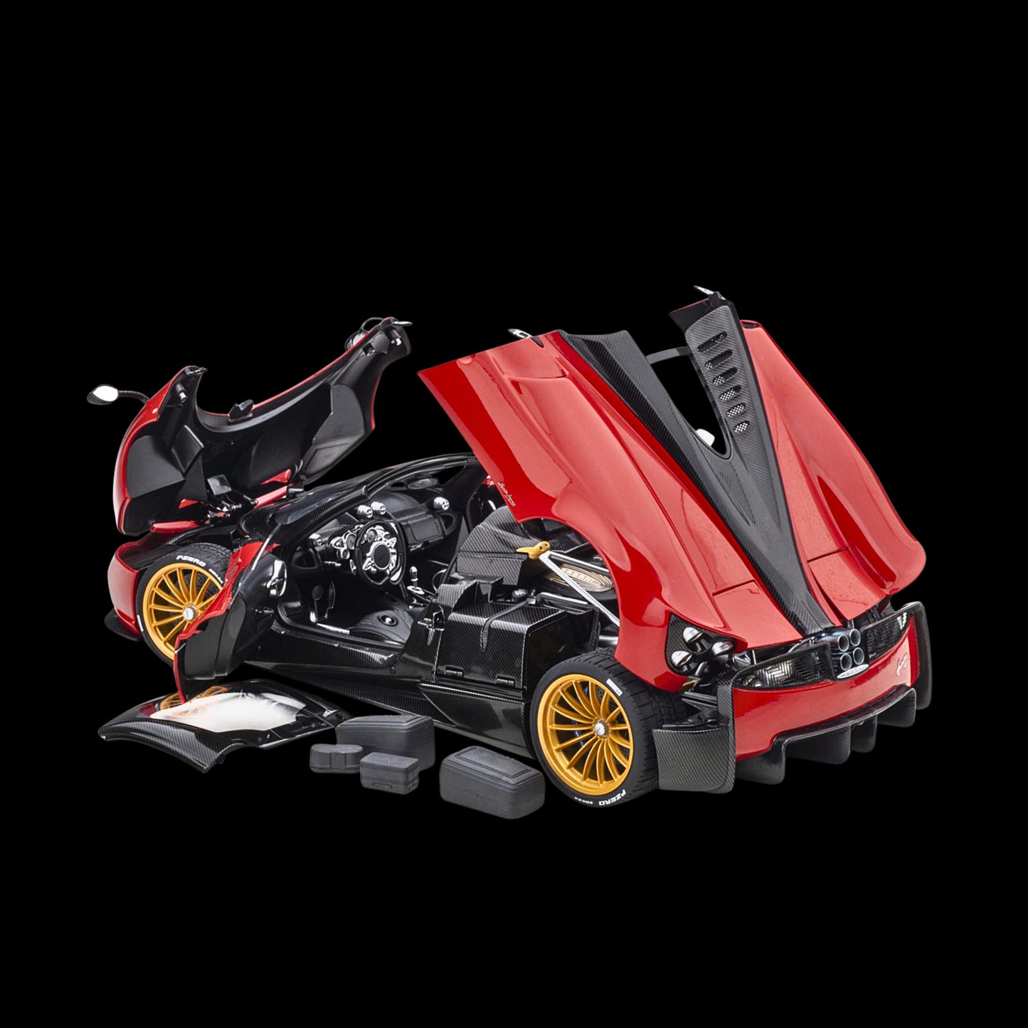 Pagani Huayra Roadster Rosso Monza Red and Carbon with Luggage Set 1/18 Model Car by Autoart