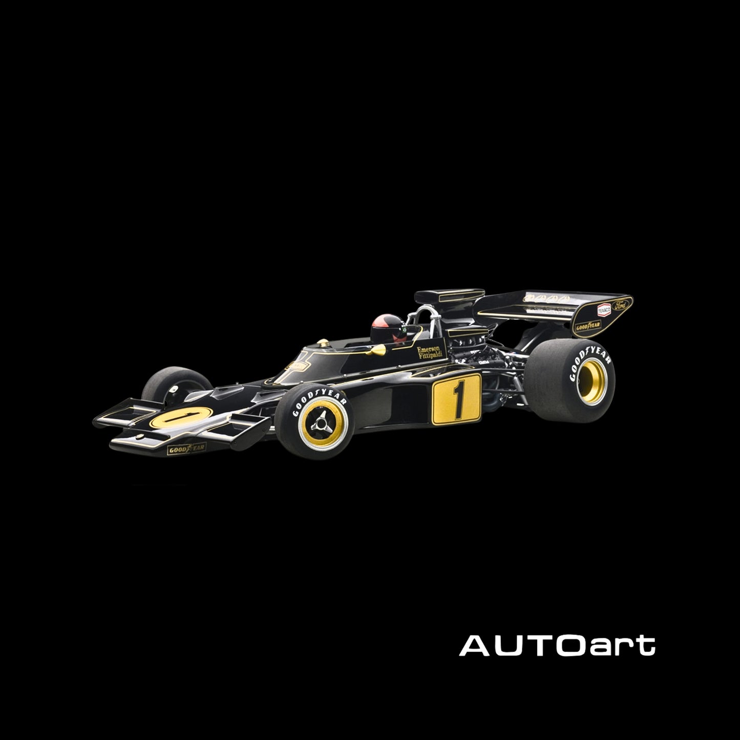 Lotus 72E 1973 Emerson Fittipaldi #1 with Driver Figure in Cockpit 1/18 Model Car by Autoart - 1