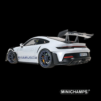 2022 Porsche 911 (992) GT3 RS "Weissach Package" Gray Metallic with Blue Accents Limited Edition to 649 pieces Worldwide 1/18 Diecast Model Car by Minichamps