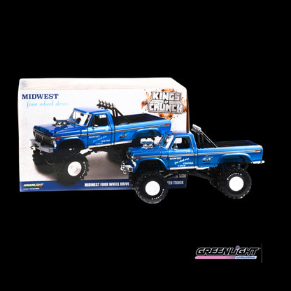 1974 Ford F-250 Ranger XLT Monster Truck with 48-Inch Tires Blue Metallic "Midwest Four Wheel Drive Center" "Kings of Crunch" Series 1/18 Diecast Model Car by Greenlight