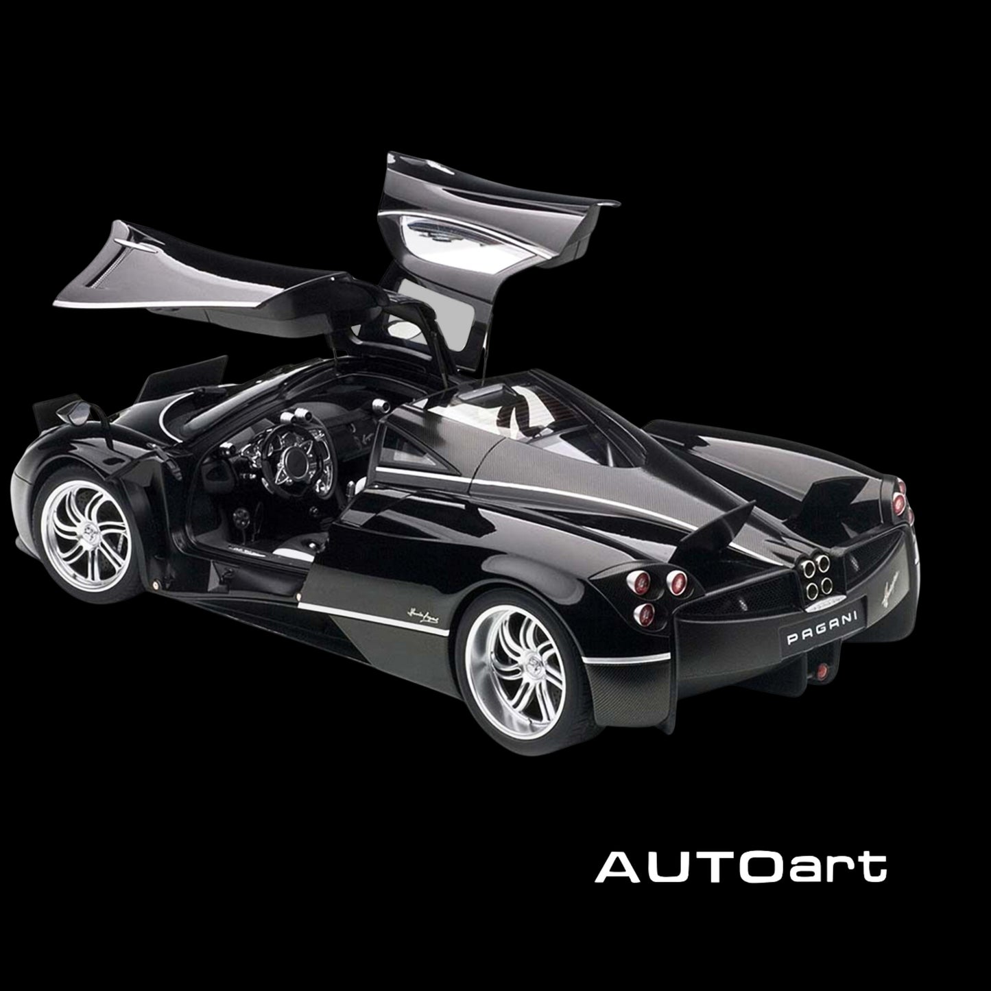 Pagani Huayra Gloss Black with Silver Stripes and Silver Wheels 1/12 Model Car by Autoart