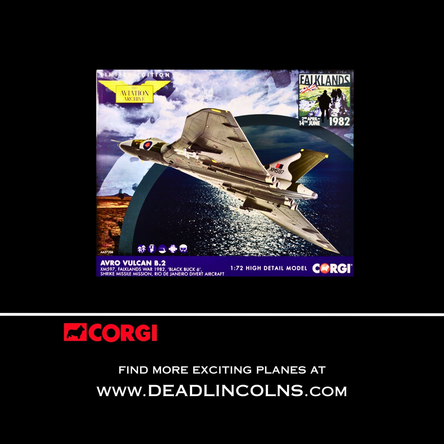 Corgi Avro Vulcan B2 XM597 “Black Buck 6” Falklands 1982 Diecast Model 1/72 (Opening Bomb Bay)