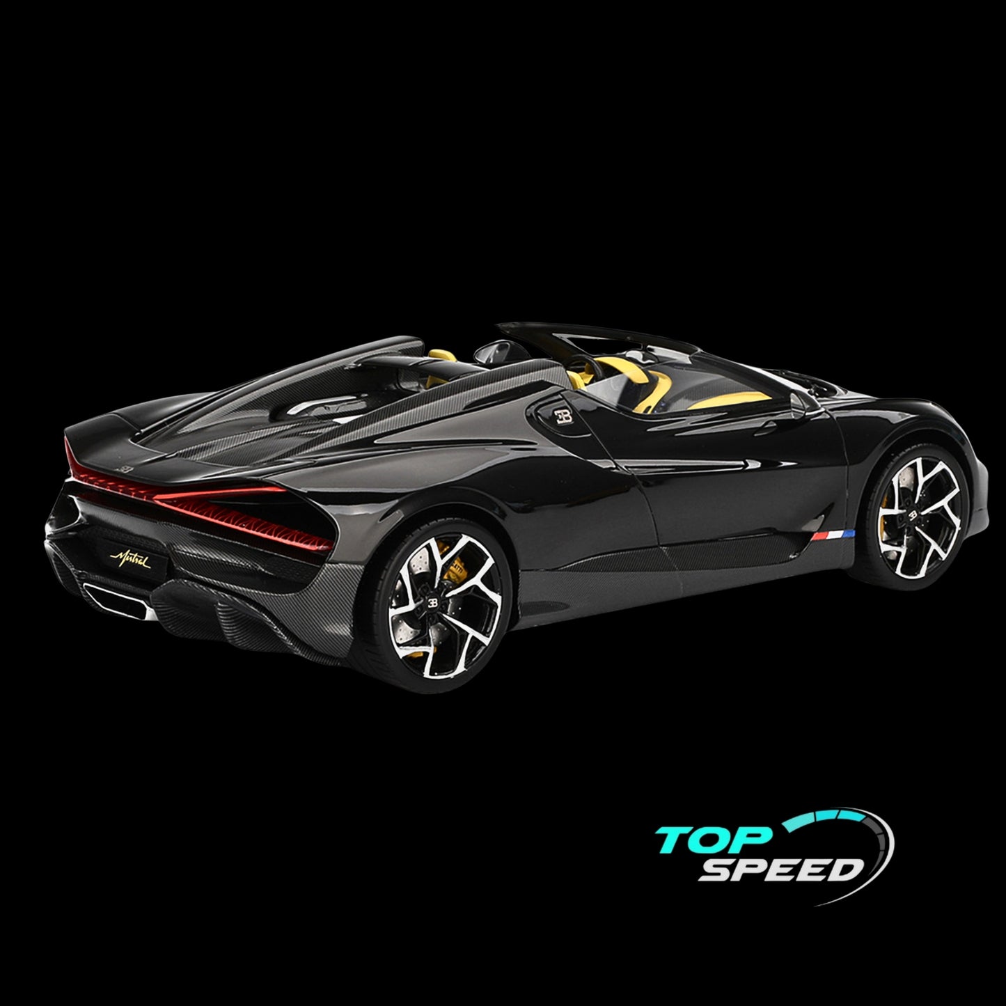 Bugatti W16 Mistral Black with Yellow Interior 1/18 Model Car by Top Speed