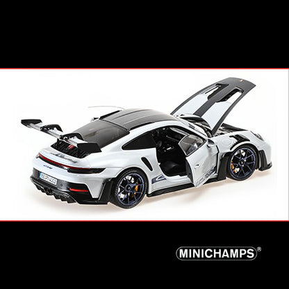 2022 Porsche 911 (992) GT3 RS "Weissach Package" Gray Metallic with Blue Accents Limited Edition to 649 pieces Worldwide 1/18 Diecast Model Car by Minichamps