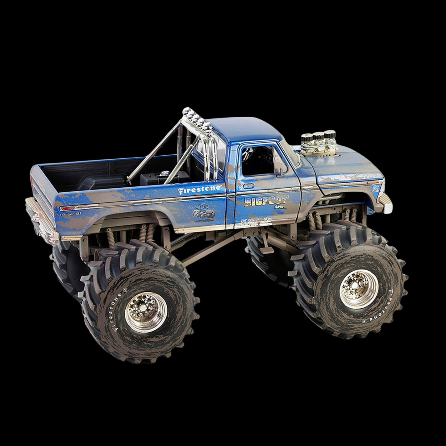 1974 Ford F-250 Monster Truck with 66-Inch Tires Blue "Bigfoot #1" (Dirty Version) "Kings of Crunch" Series 1/18 Diecast Model Car by Greenlight