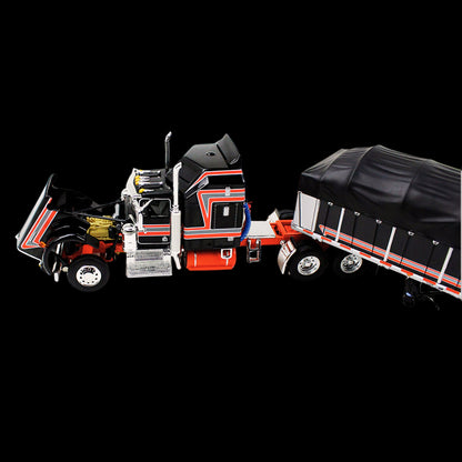 Kenworth W900A with 60" Aerodyne Sleeper and 53’ Wilson Roadbrute Flatbed Trailer with Covered Wagon Black with Red Stripes 1/64 Diecast Model by DCP/First Gear