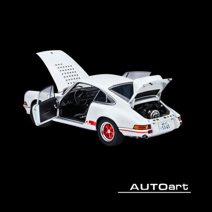 Porsche 911 Carrera 2.7 RS "The Circuit Wolf" White with Red Stripes and Wheels with Hood Graphics 1/18 Model Car by Autoart