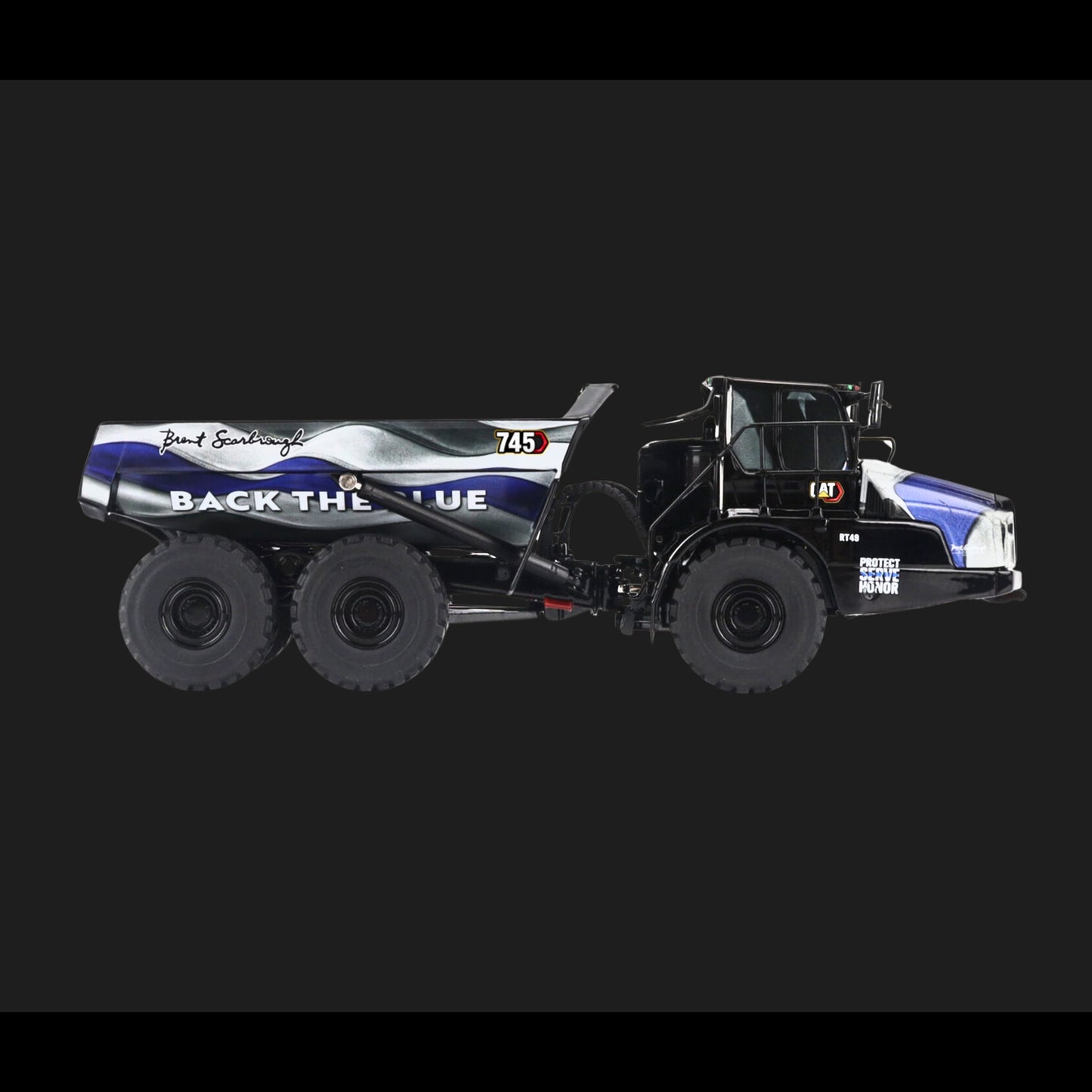 Diecast Masters CAT 745 Articulated Dump Truck “Back the Blue” Brent Scarbrough & Co. Black 1/50 Diecast Model (High Line Series)