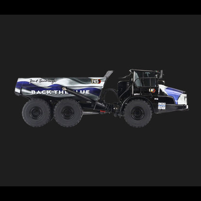 Diecast Masters CAT 745 Articulated Dump Truck “Back the Blue” Brent Scarbrough & Co. Black 1/50 Diecast Model (High Line Series)