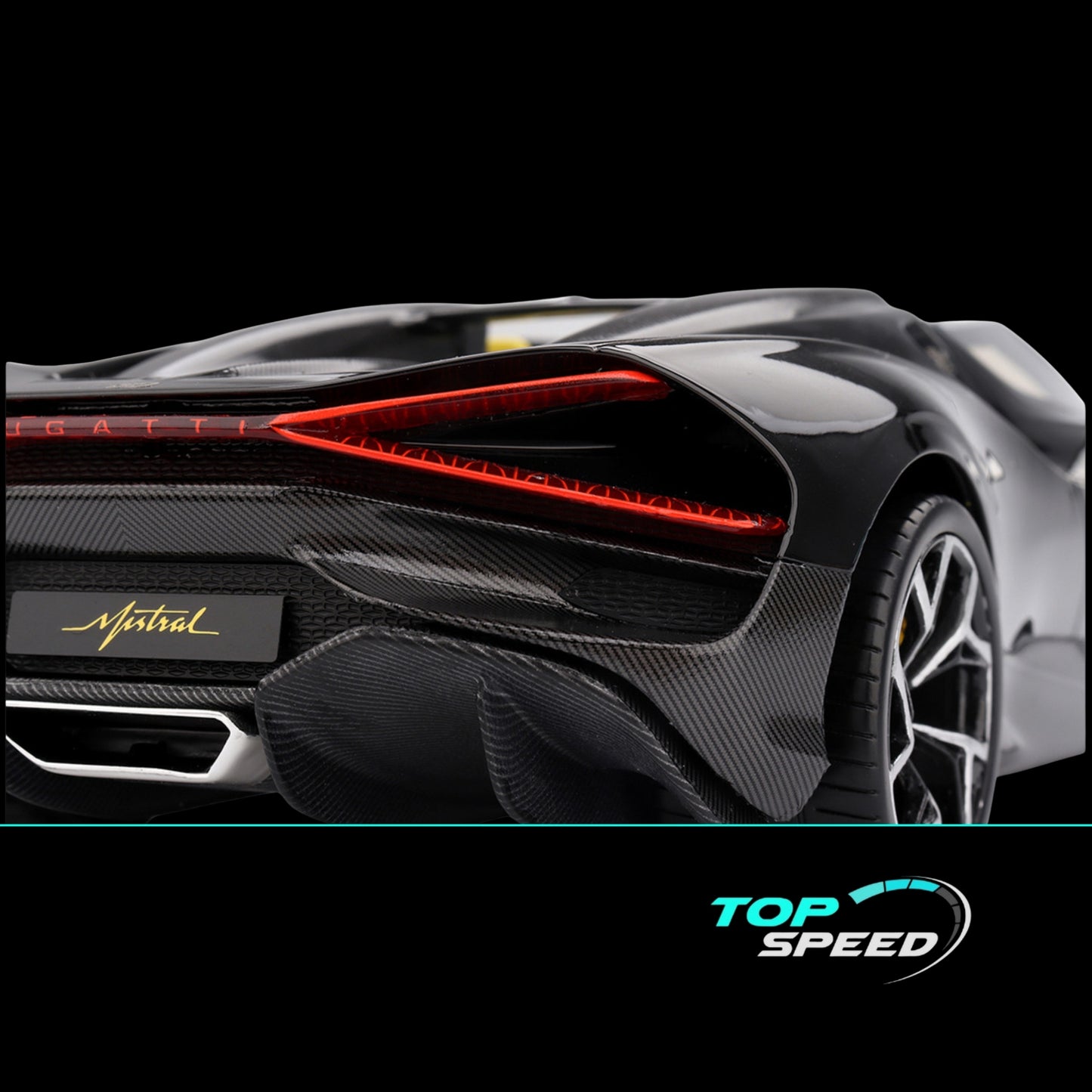Bugatti W16 Mistral Black with Yellow Interior 1/18 Model Car by Top Speed