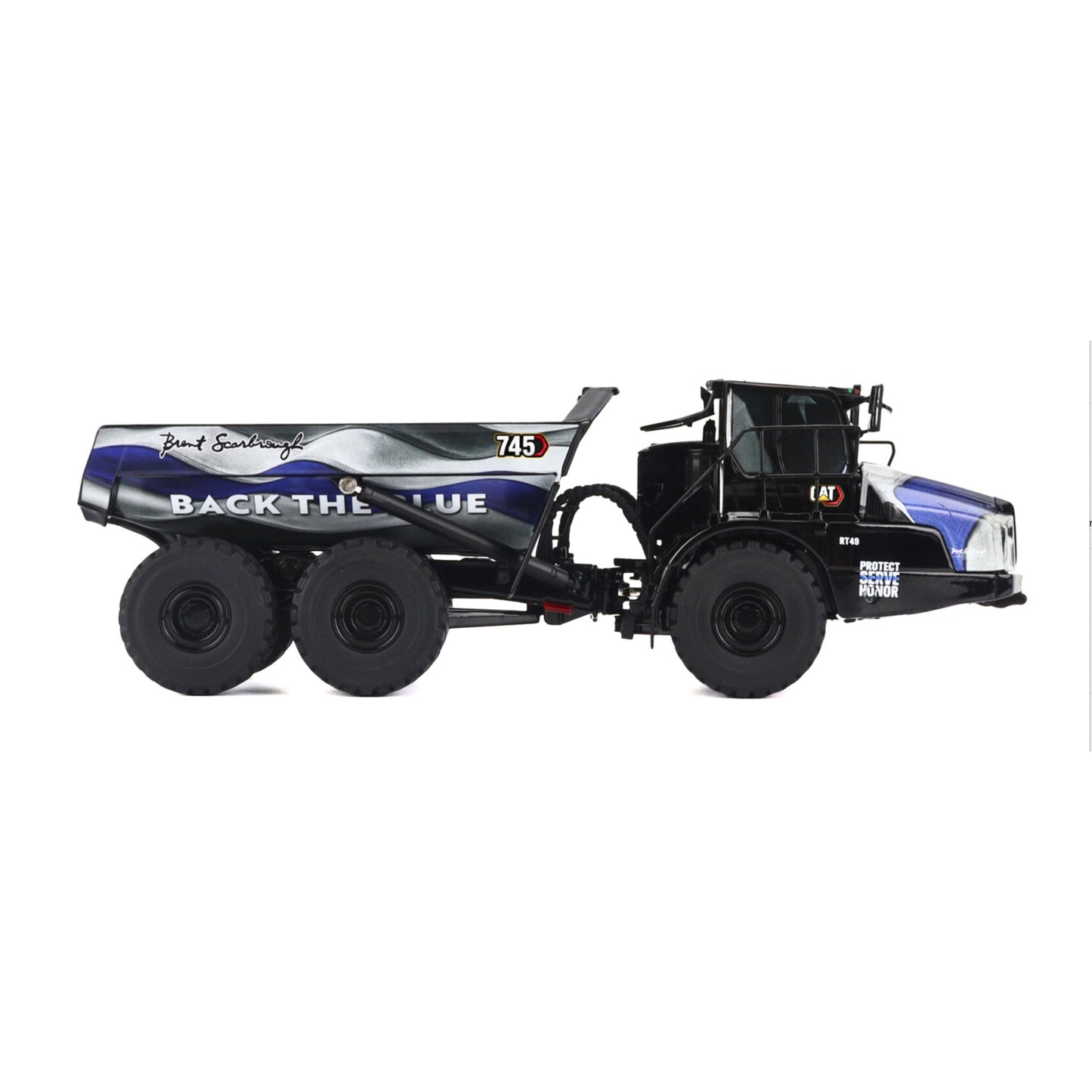 Diecast Masters CAT 745 Articulated Dump Truck “Back the Blue” Brent Scarbrough & Co. Black 1/50 Diecast Model (High Line Series)