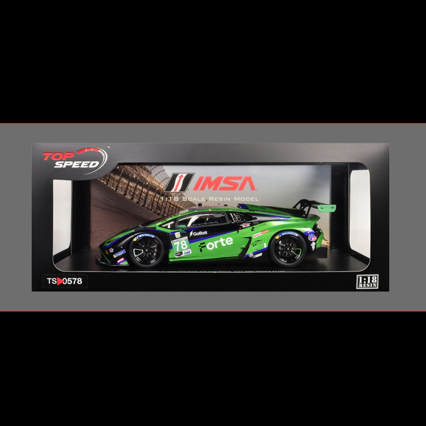 Lamborghini Huracan GT3 EVO2 #78 Devlin DeFrancesco - Misha Goikhberg - Sandy Mitchell - Loris Spinelli "Forte Racing" IMSA "24 Hours of Daytona" (2024) 1/18 Model Car by Top Speed