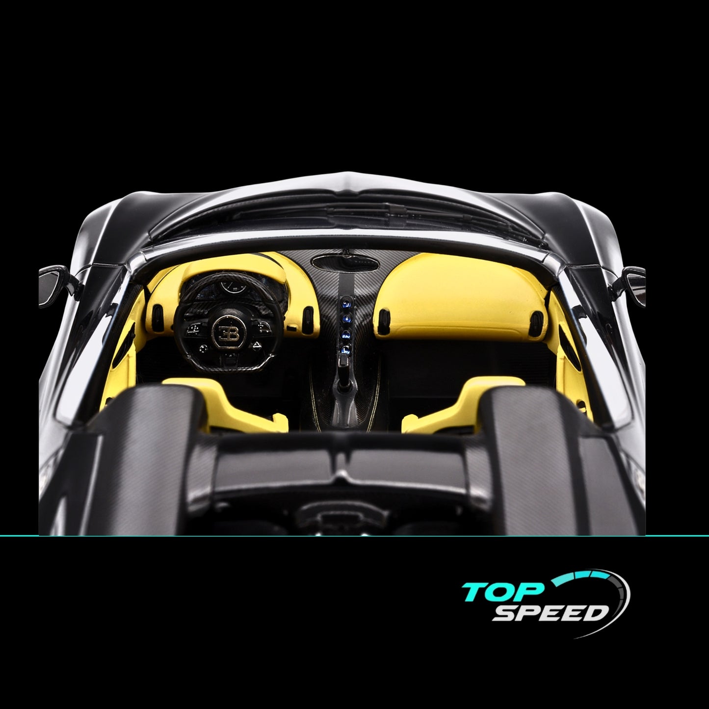 Bugatti W16 Mistral Black with Yellow Interior 1/18 Model Car by Top Speed