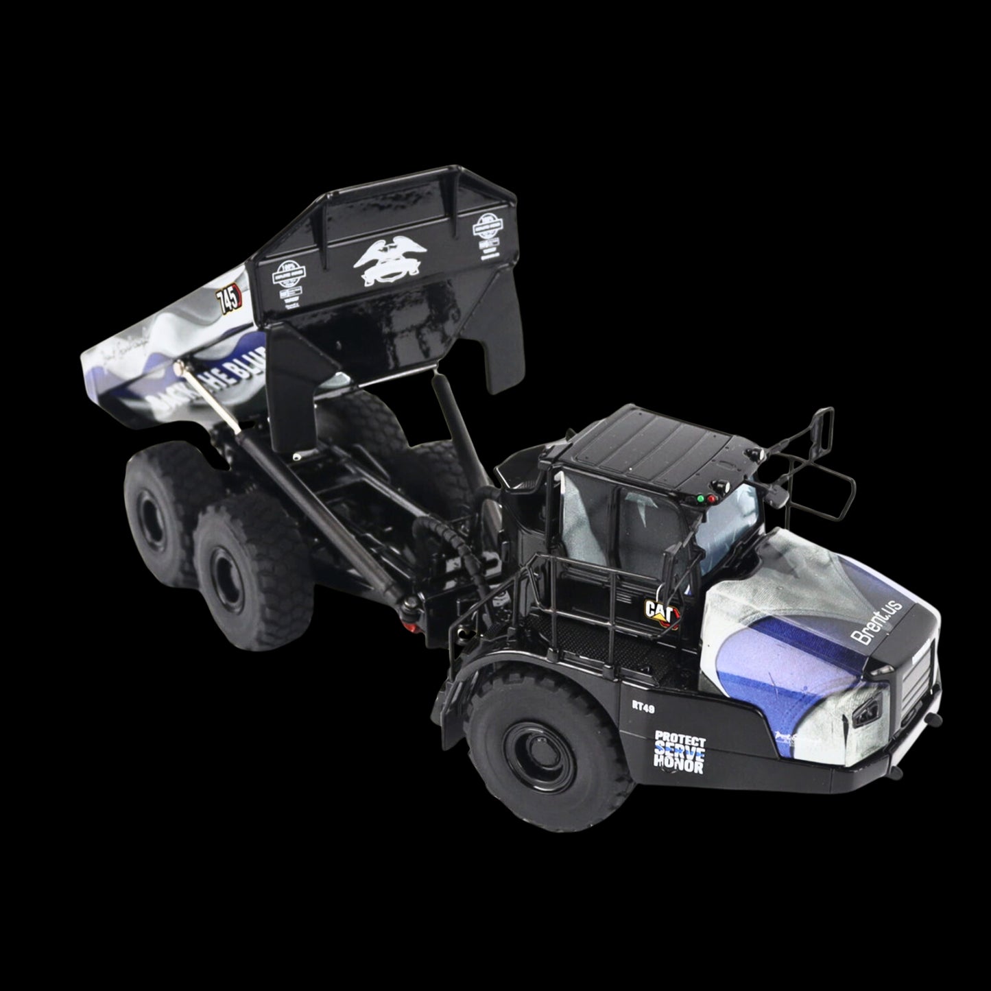 Diecast Masters CAT 745 Articulated Dump Truck “Back the Blue” Brent Scarbrough & Co. Black 1/50 Diecast Model (High Line Series)