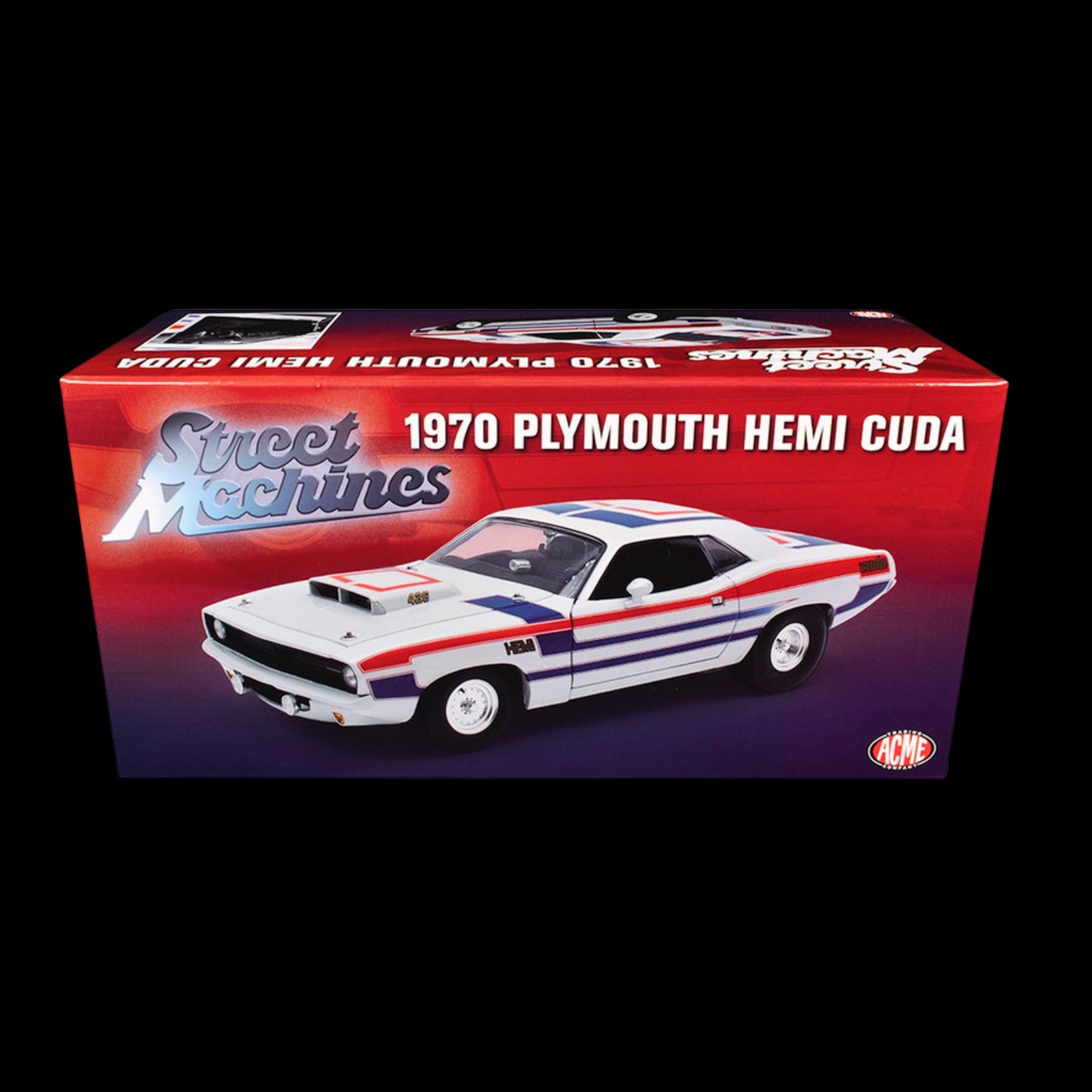 1970 Plymouth HEMI Cuda “Street Machine” – White w/ Red & Blue Stripes | 1:18 Diecast by ACME (Limited Edition 366 Worldwide)