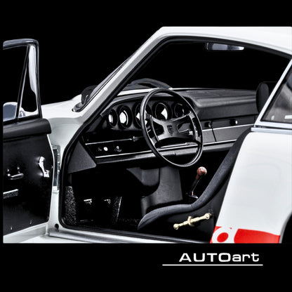 Porsche 911 Carrera 2.7 RS "The Circuit Wolf" White with Red Stripes and Wheels with Hood Graphics 1/18 Model Car by Autoart