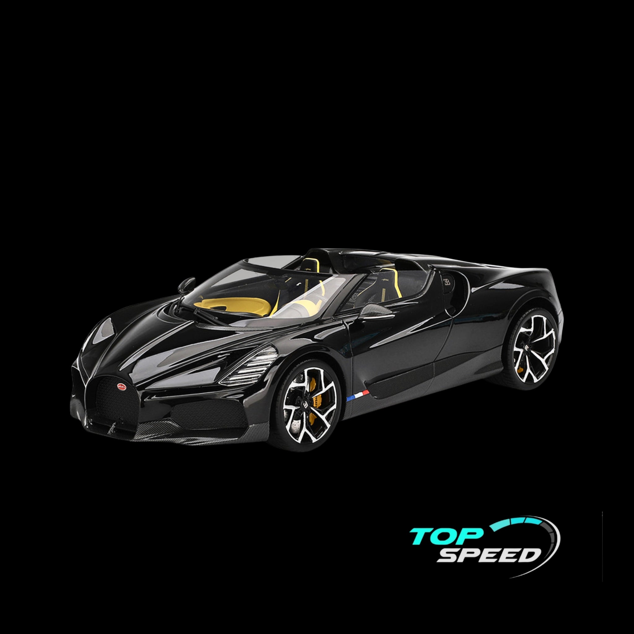 Bugatti W16 Mistral Black with Yellow Interior 1/18 Model Car by