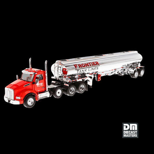 Kenworth T880 SBFA Tandem Day Cab Truck with Pusher Axle and Heil FD9300/DT-C4 Petroleum Tanker Trailer "Frontier Tank Lines" Red and Chrome "Transport Series" Limited Edition to 500 pieces Worldwide 1/50 Diecast Model by Diecast Masters